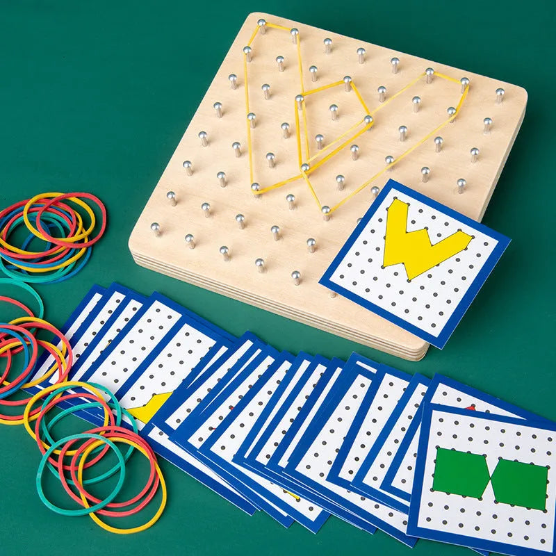 Yellow wooden Montessori nail plate 15x15x2cm on a flat surface