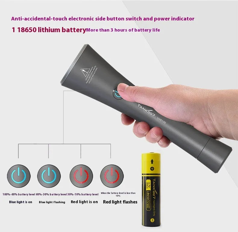 Black aluminium UV detection flashlight with USB Type-C port for finding pet stains.