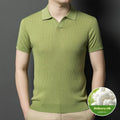 Man wearing a black and white striped mulberry silk T-shirt with a lapel collar.