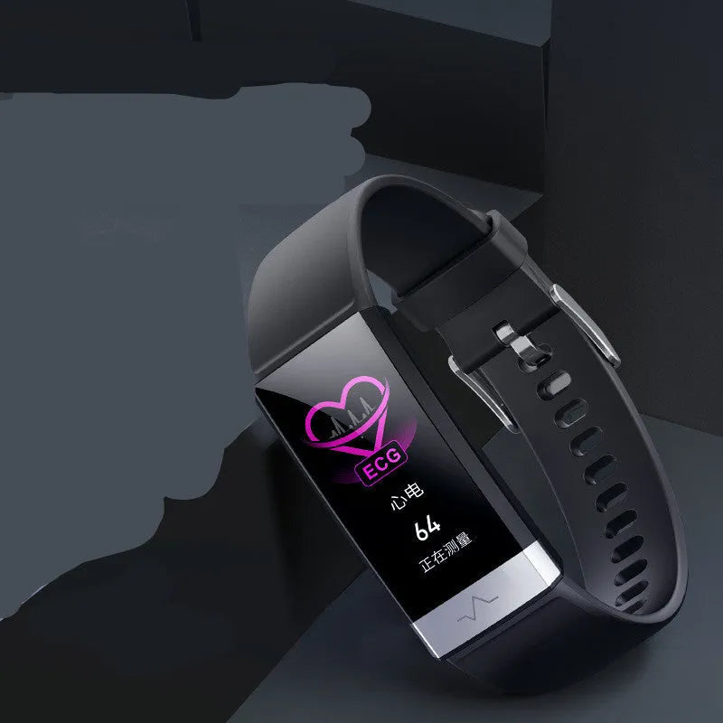 V19 smart fitness bracelet with ECG SpO2 monitoring display showing health metrics