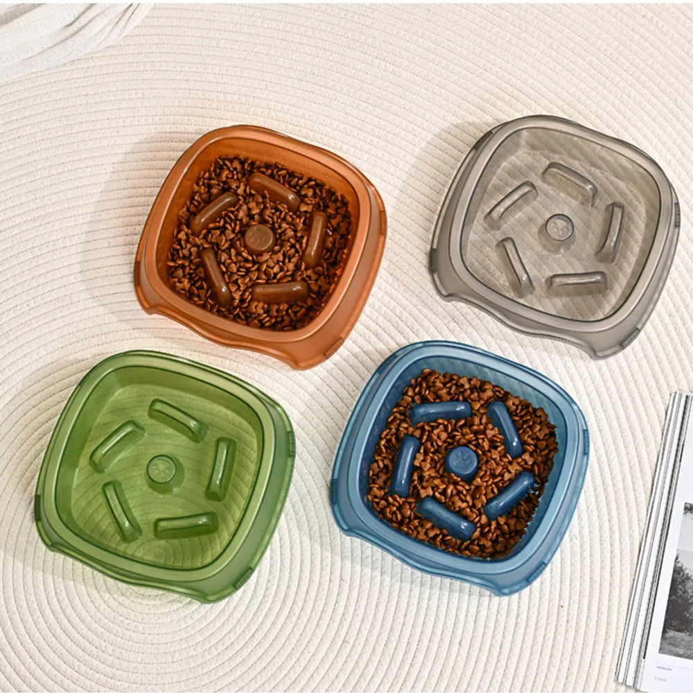 Blue plastic slow feeder dog bowl with raised internal maze pattern to prevent fast eating.