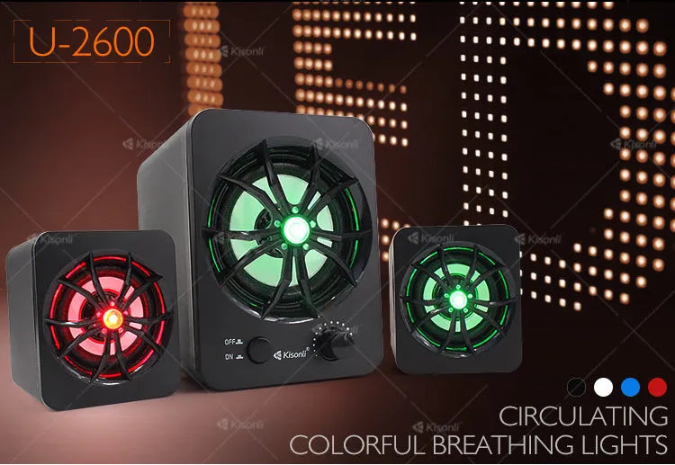 Green 2.1 USB computer speaker with colourful LED lights showing USB and 3.5mm audio ports