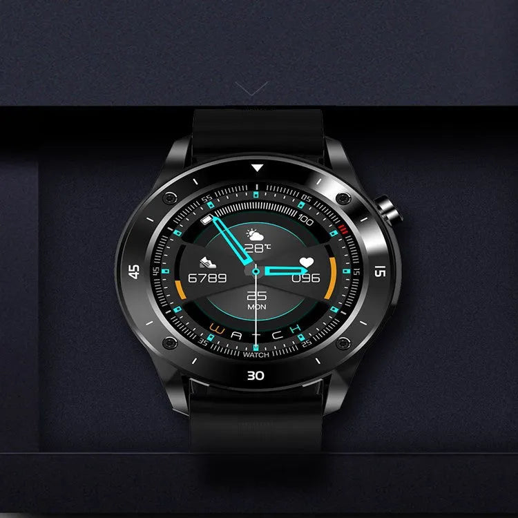 F22 black smartwatch with zinc alloy case and TPU strap displaying fitness stats on 1.54-inch screen