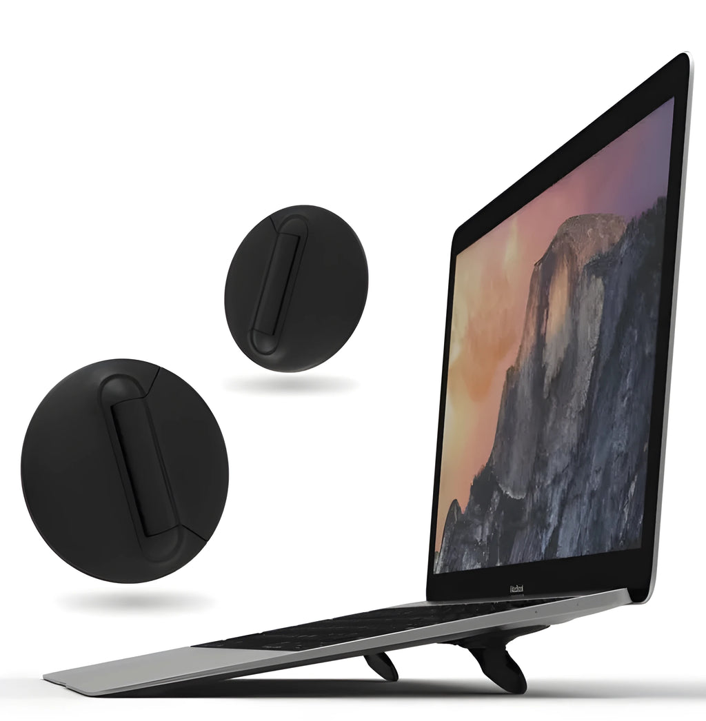 Two black ABS mini laptop stands on a desk, each 50x50x6.5mm, packaged as a 2-pack