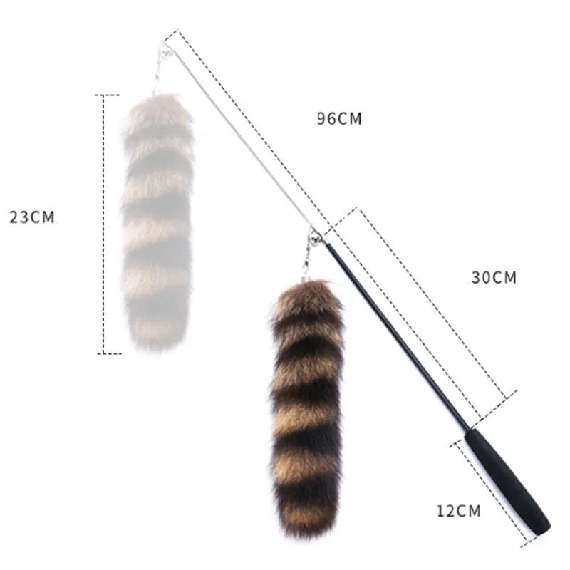 Black cat toy wand teaser with elastic string measuring 42cm length