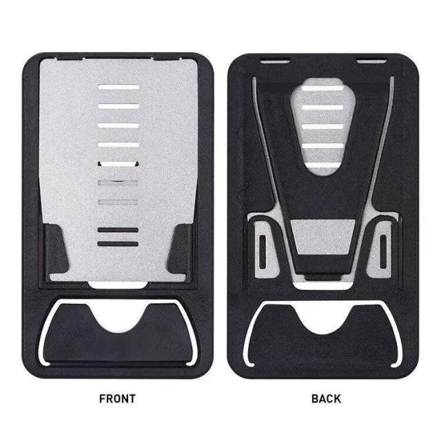Black card phone holder bracket measuring 8.5cm by 5cm on desktop