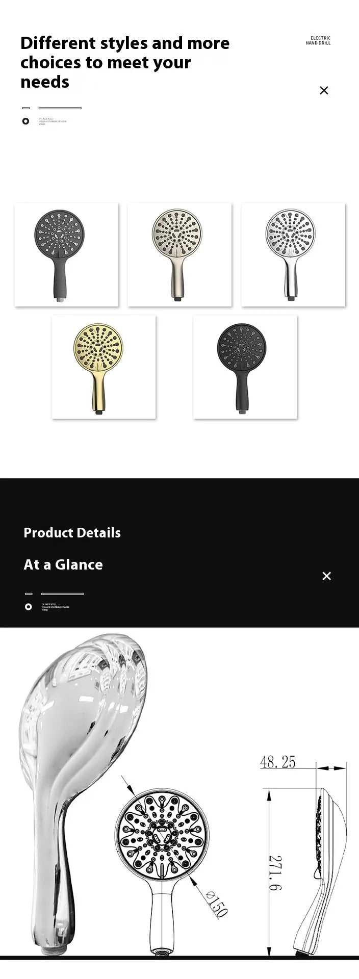 Six-function handheld shower head with electroplated finish, showing 6-inch diameter and American-style design.