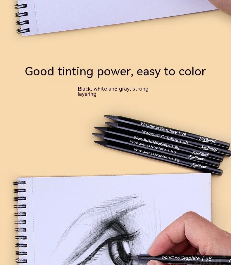 Graphite sketching pencil set with wood-free construction and six hardness grades