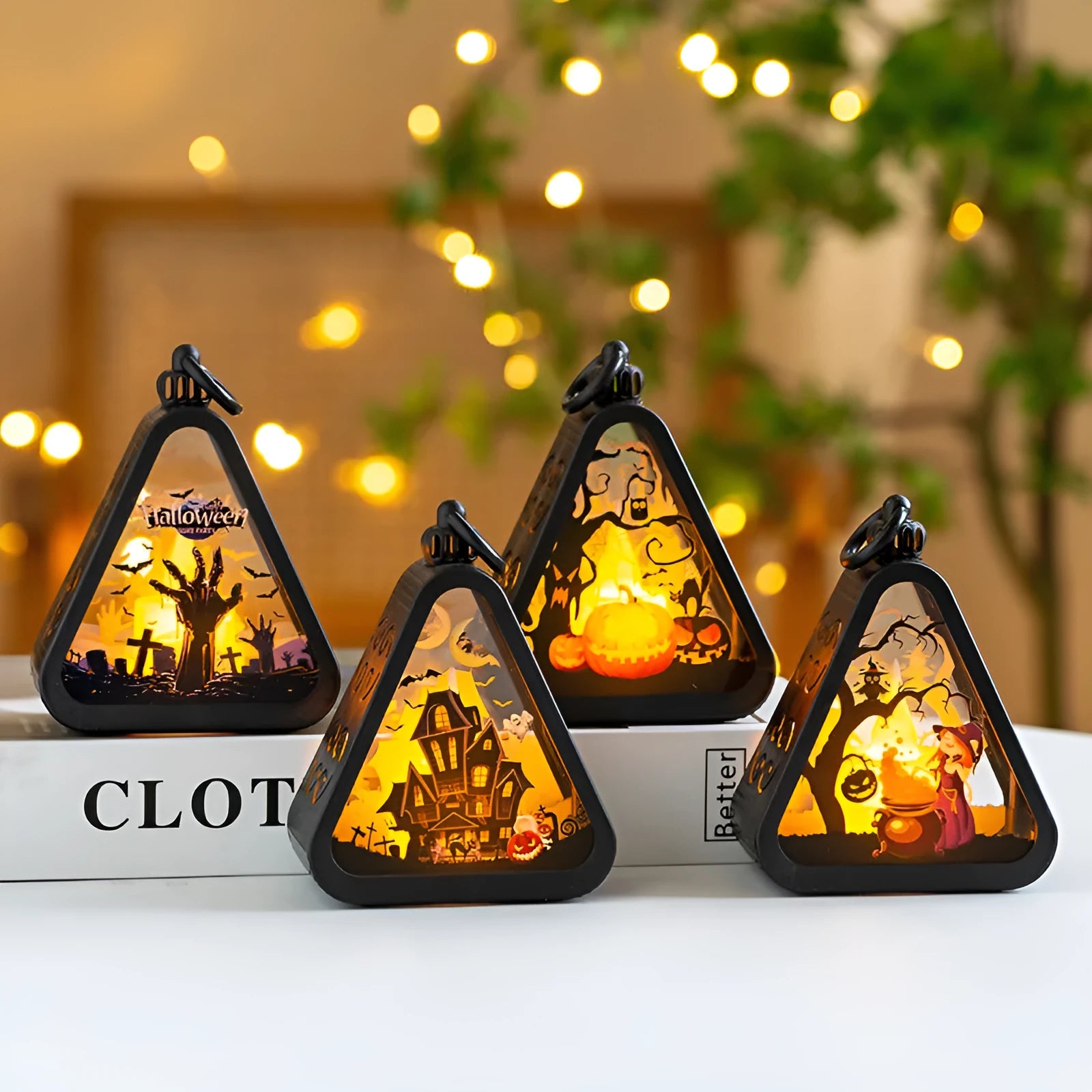 Halloween pumpkin lamp decoration in plastic and glass measuring 8.9cm by 5.2cm by 11.5cm