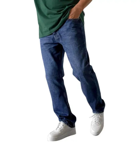 Men's cowboy cotton denim slightly flared trousers in dark blue, washed finish, model 3222