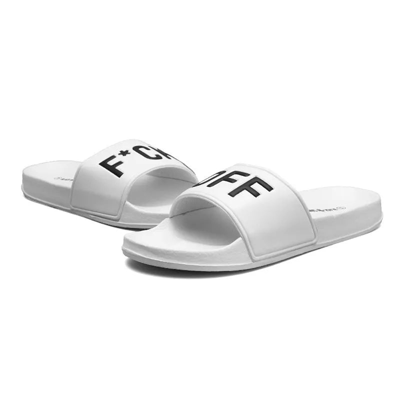 Men's black open-toe personalised slippers with rubber soles showing available size range