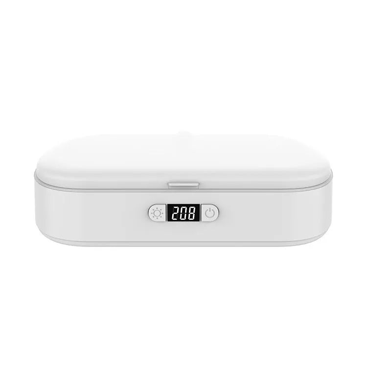 White portable UV steriliser box with wireless charging and aromatherapy function for phones and jewellery