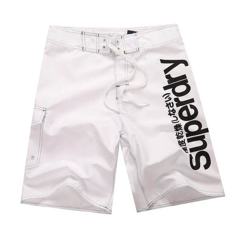 Men's striped polyester quick-dry beach shorts available in black colour, for sports and swimming