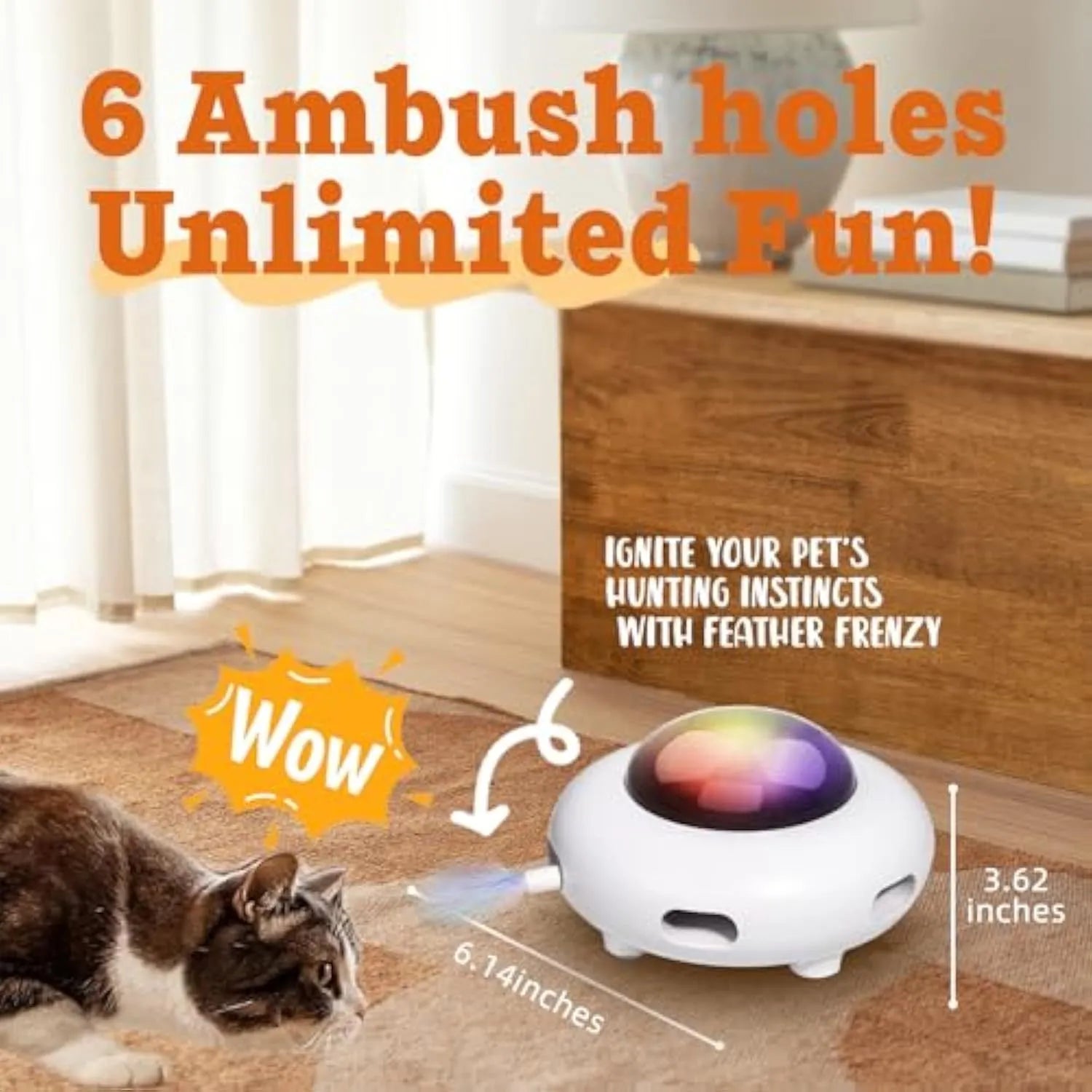 White automatic cat toy with colourful feathers and LED lights on cleaning ring mat