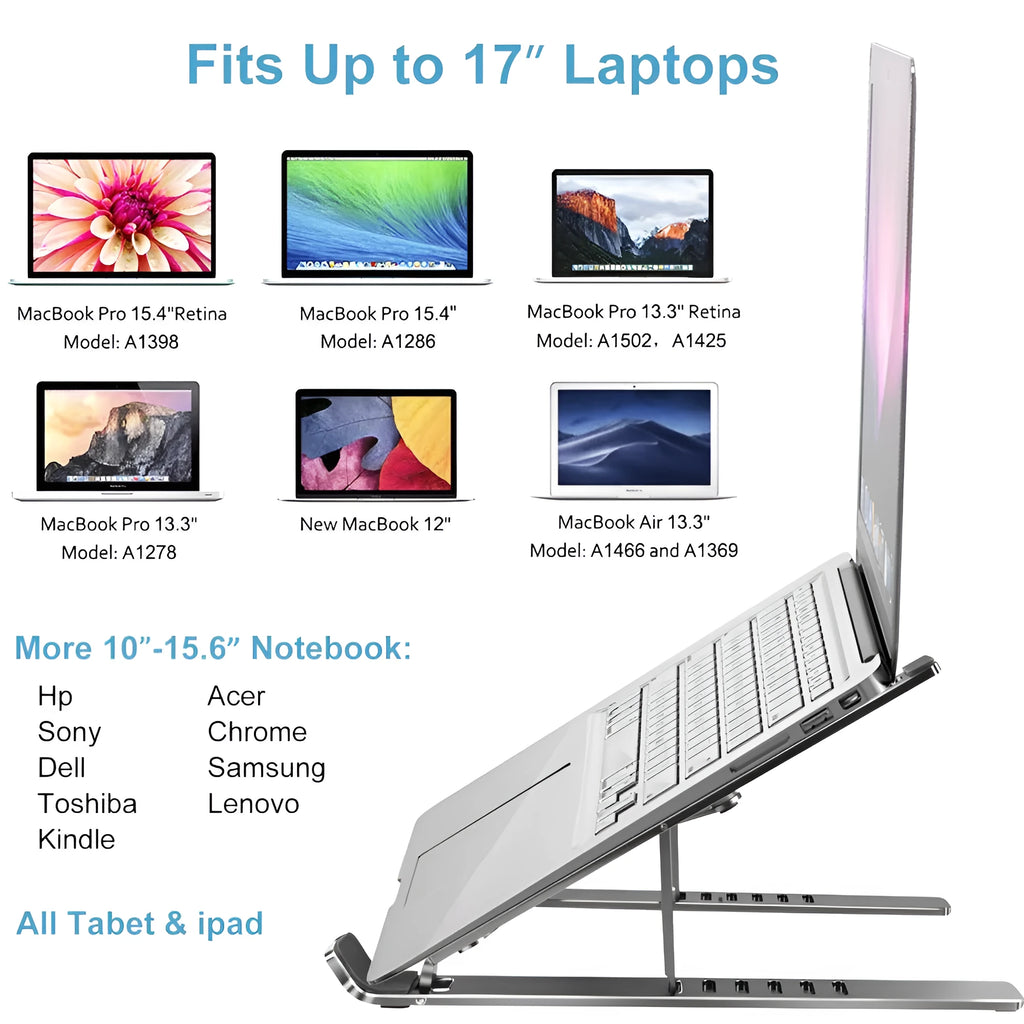 Aluminium alloy laptop stand with six height adjustment gears in black colour option