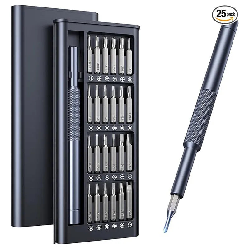 25-in-one magnetic screwdriver set with chrome vanadium steel shaft and compact 110mm length.