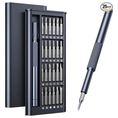 25-in-one magnetic screwdriver set with chrome vanadium steel shaft and compact 110mm length.