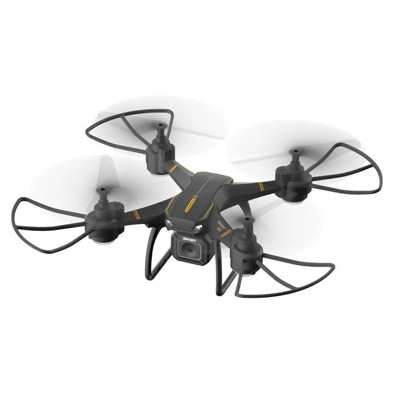 Blue remote control drone with four protective frames and a handheld remote on a white background