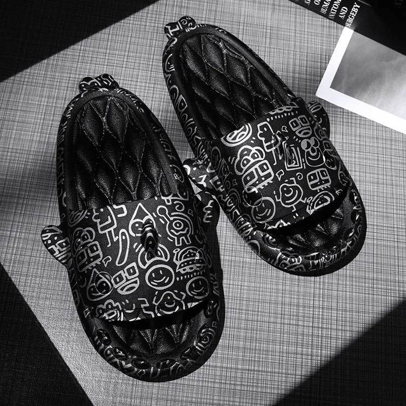 Shark-themed open toe slippers made from EVA material in beige, shown from a side view.