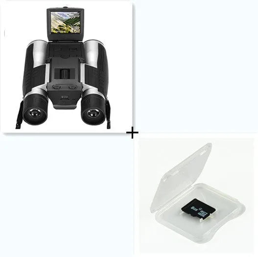 12x32 digital camera binoculars in black with 10x optical zoom, 2.5 inch LCD screen, and nylon waistbag