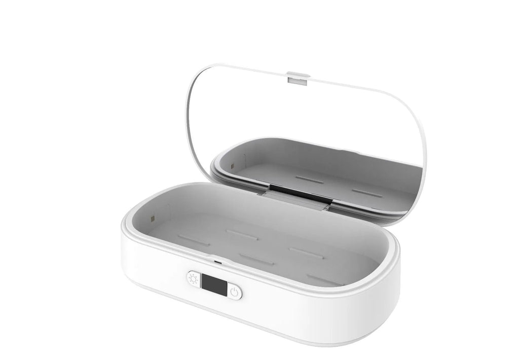 White portable UV steriliser box with wireless charging and aromatherapy function for phones and jewellery
