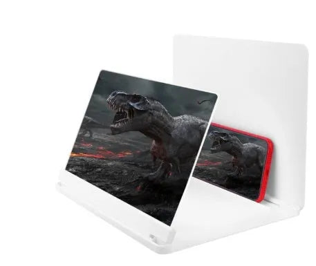 White and black smartphone screen magnifier with integrated phone holder on a table.