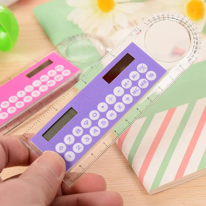 Ultra-thin transparent solar mini calculator with ruler and magnifier, 8-digit display, 12.7 cm long