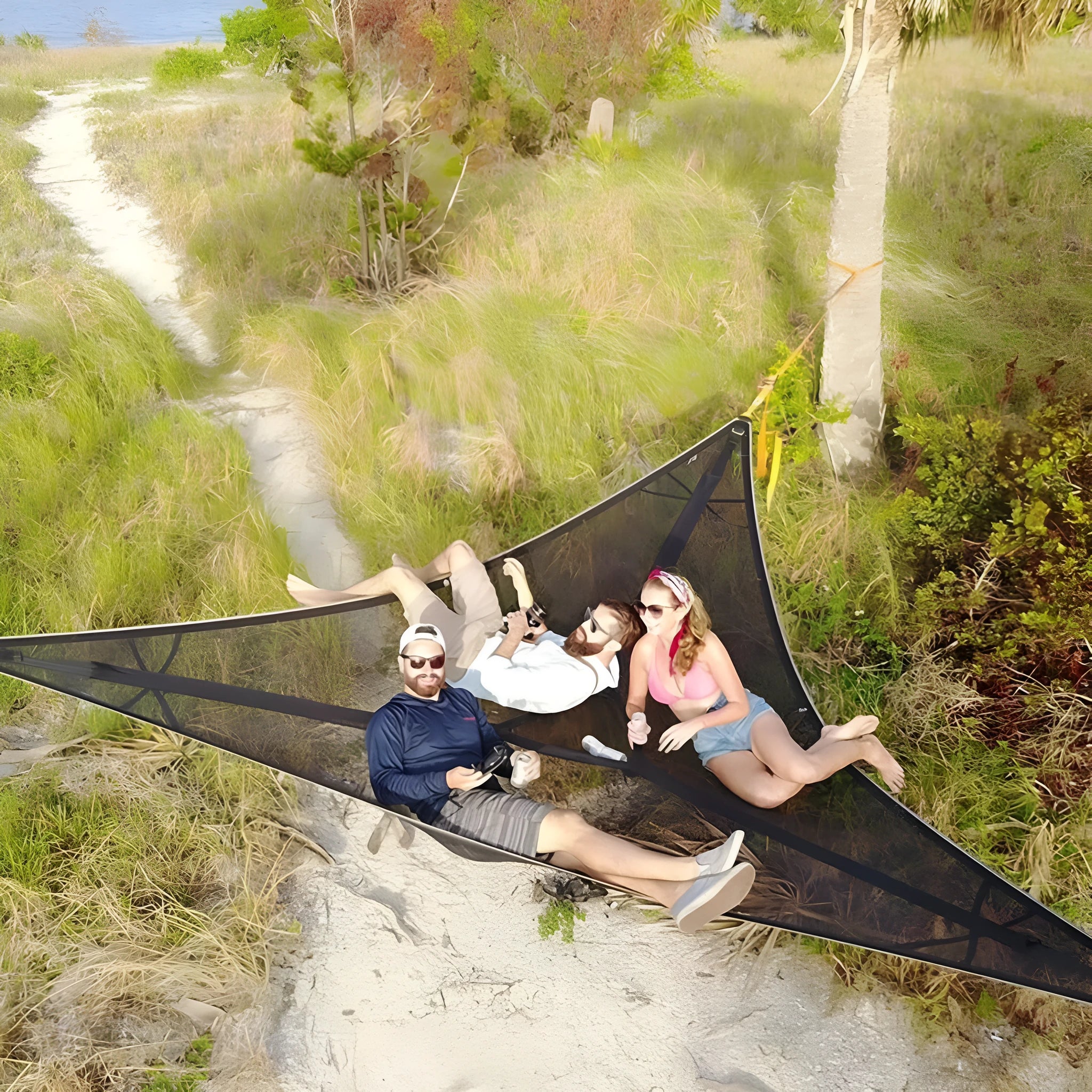 Black polyester portable multi-person triangle hammock lying on grass with trees in background