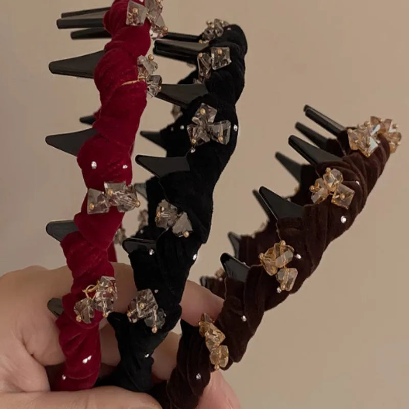 French velvet hair band with crystal wave design and non-slip grip.