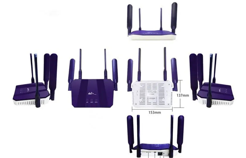 Blue 4G all-netcom dual-mode router with four antennas on a desk.