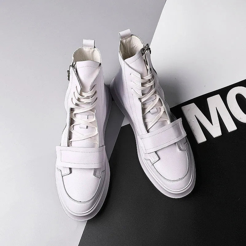 Men's black PU leather ankle boot with high-top sneaker design on a white background