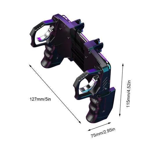 Black multi-function gamepad controller with phone holder and trigger buttons for mobile gaming.