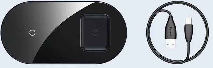 Two-in-one wireless charger, black aluminium and tempered glass, with charging light indicator, on a desk