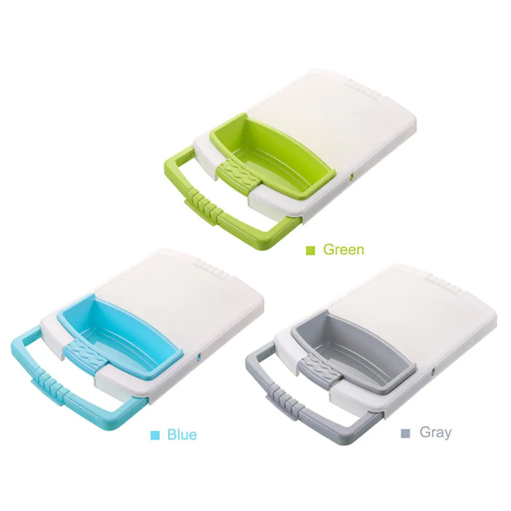 Green kitchen drain cutting board with drainage holes and storage trough mounted on a sink