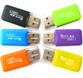 Mini USB card reader for microSD TF cards with included SD adapter on a white background.