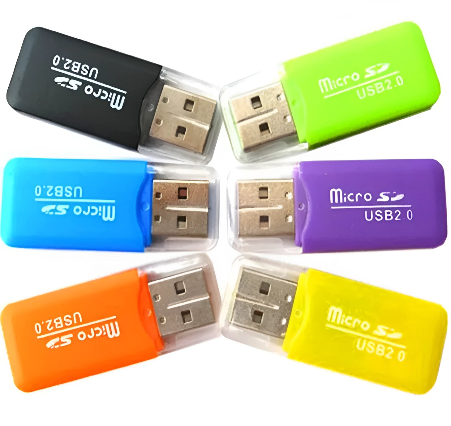 Mini USB card reader for microSD TF cards with included SD adapter on a white background.