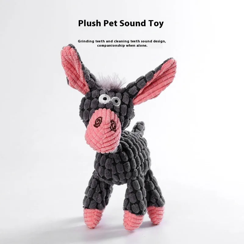 Bite-resistant plush puppy toy showing donkey, rechargeable duck, elephant, and dog styles.