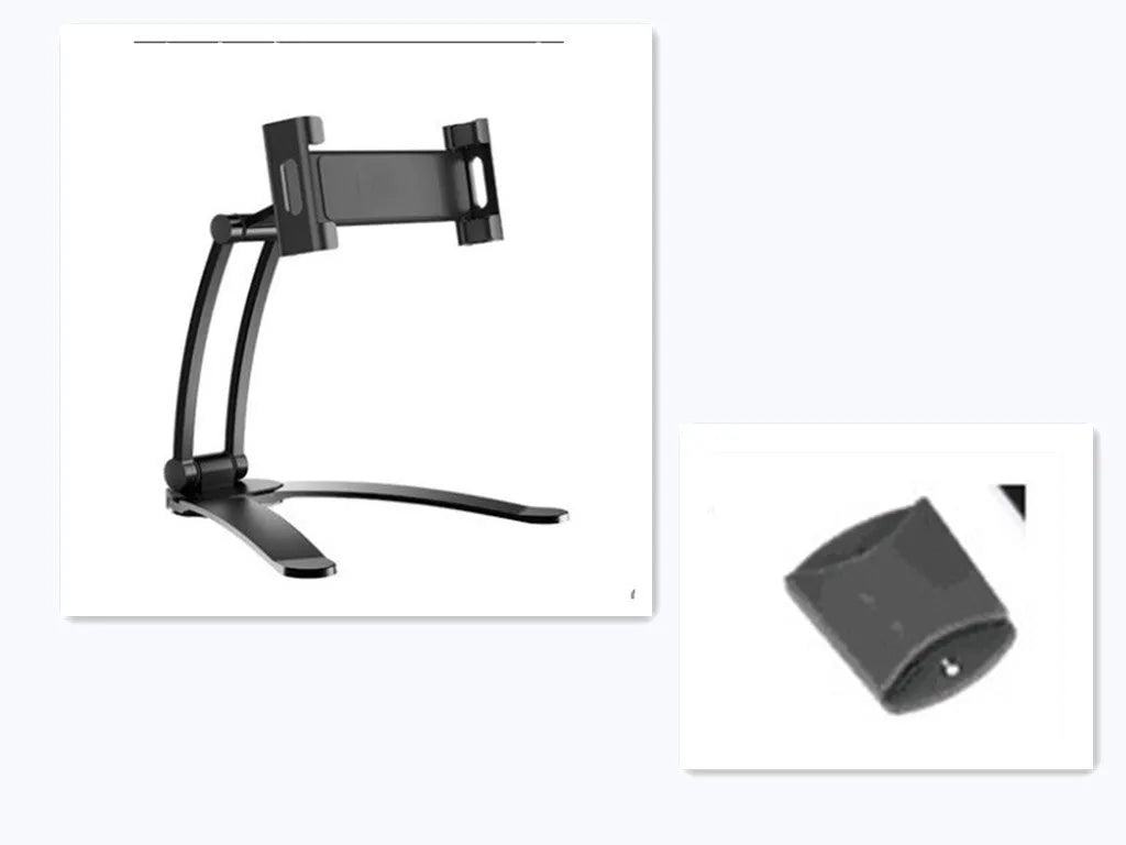 Silver and black aluminium alloy desktop tablet stand with adjustable arm and dual clamps.