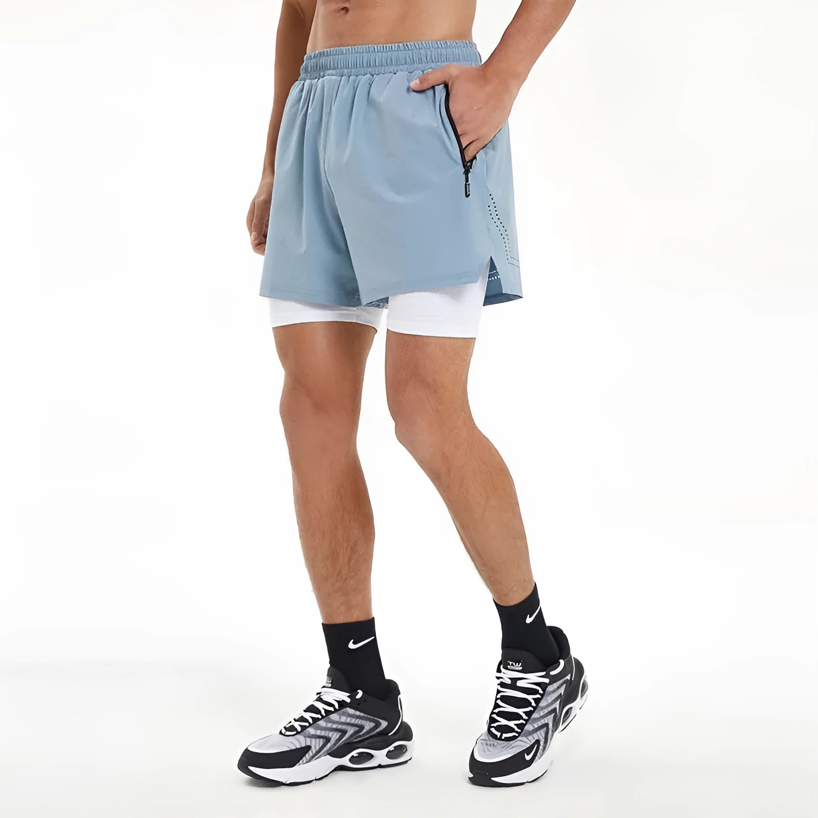 Men's double-layer sports shorts in black, dark grey, or light blue with quick-drying lining and high elastic waist