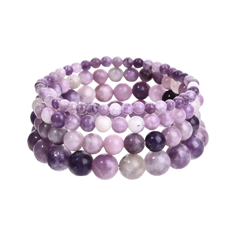Purple natural stone geometric bead elastic bracelet showing four bead size options