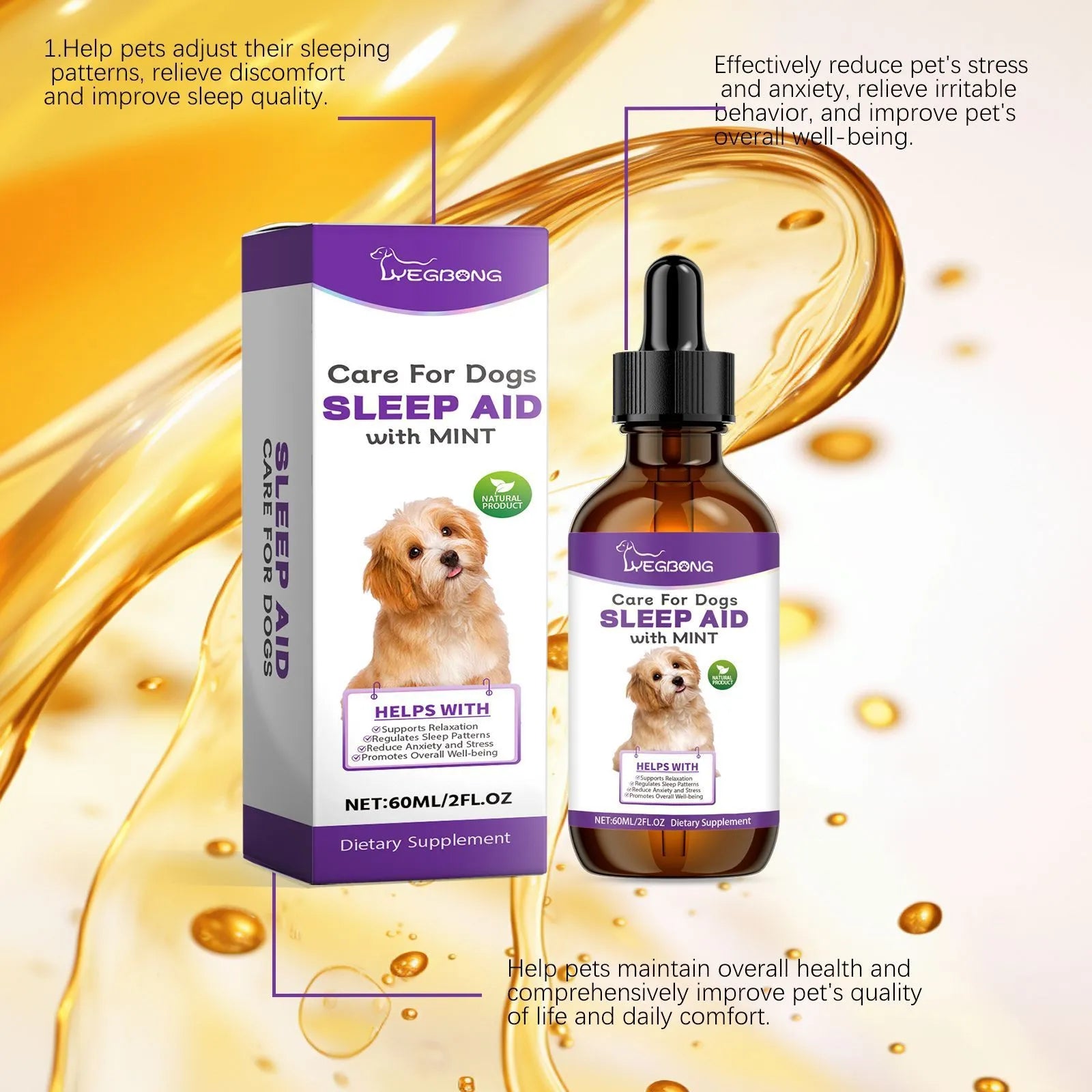 60ml bottle of dog sleep drops calming liquid with mint extract for night-time pet anxiety