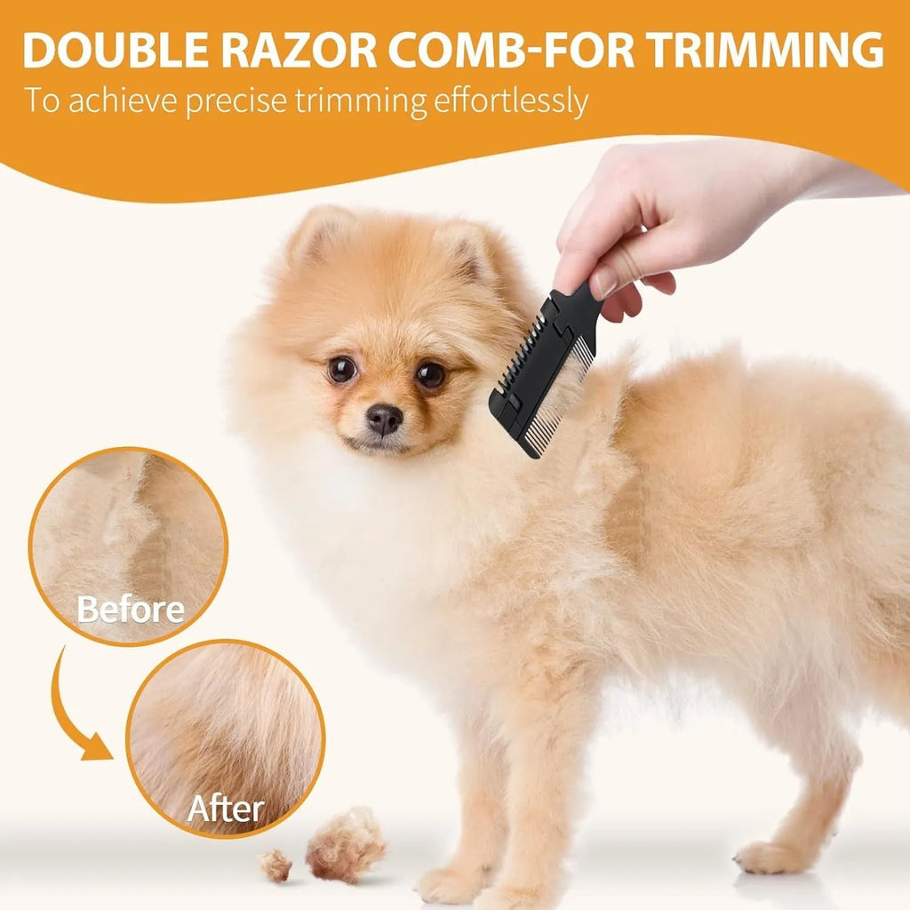 Razor comb for dogs and cats with integrated blade and replacement blades