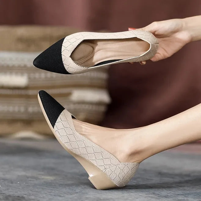 Women's beige Flyknit casual wedge shoes with a mid heel and shallow mouth on a white background.