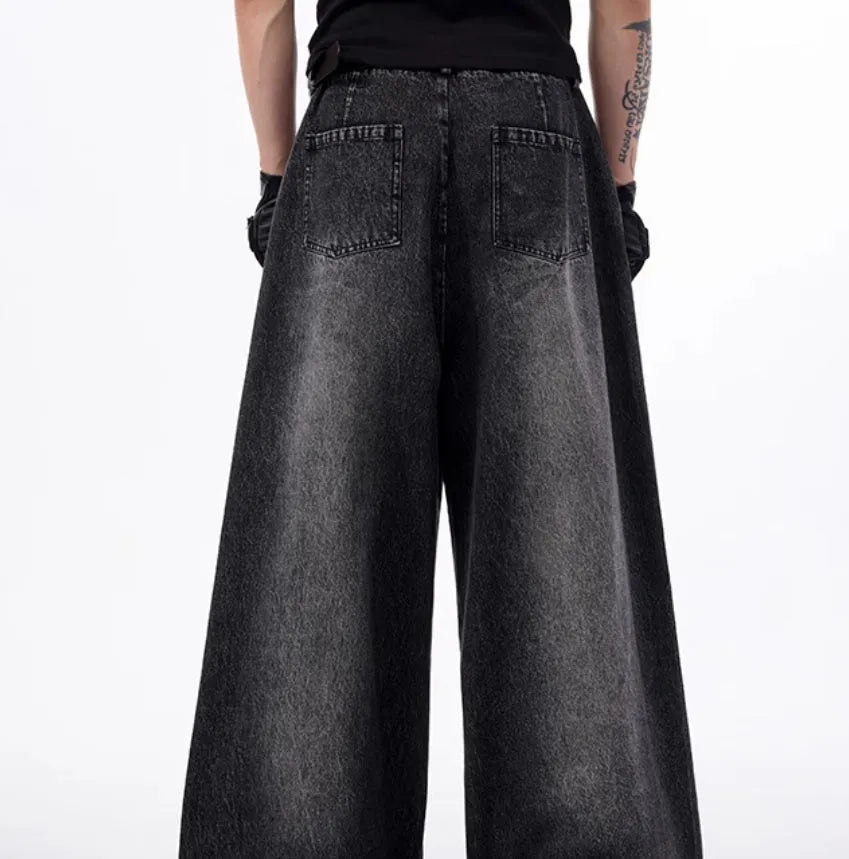 Korean style black and grey washed denim wide leg pants and matching waistcoat co-ord set