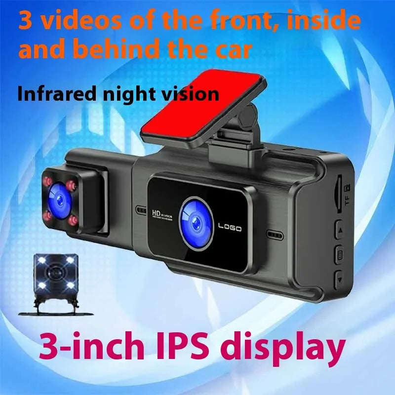 Black three-lens car dash cam for front windshield with 3.0-inch screen
