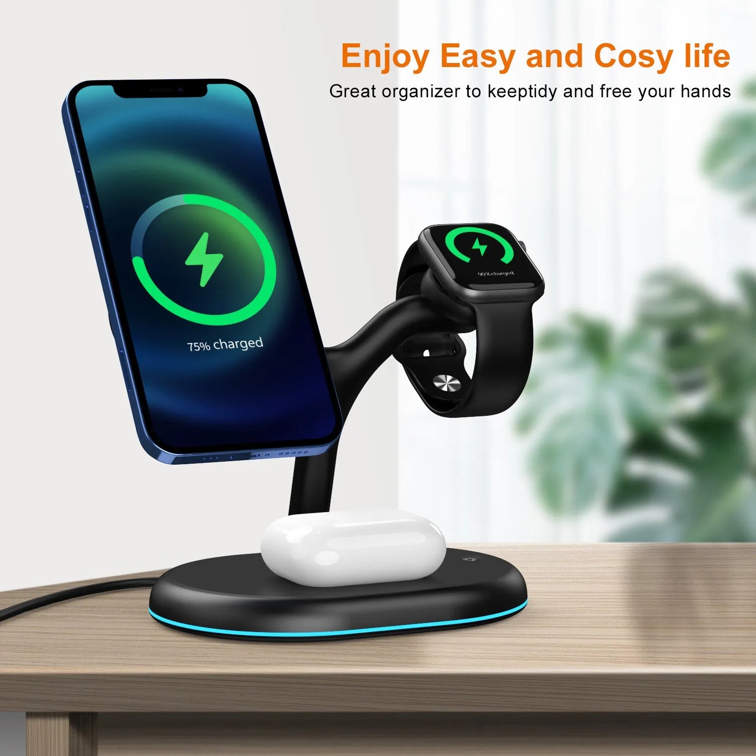 Black multifunctional three-in-one magnetic wireless charger on a desk