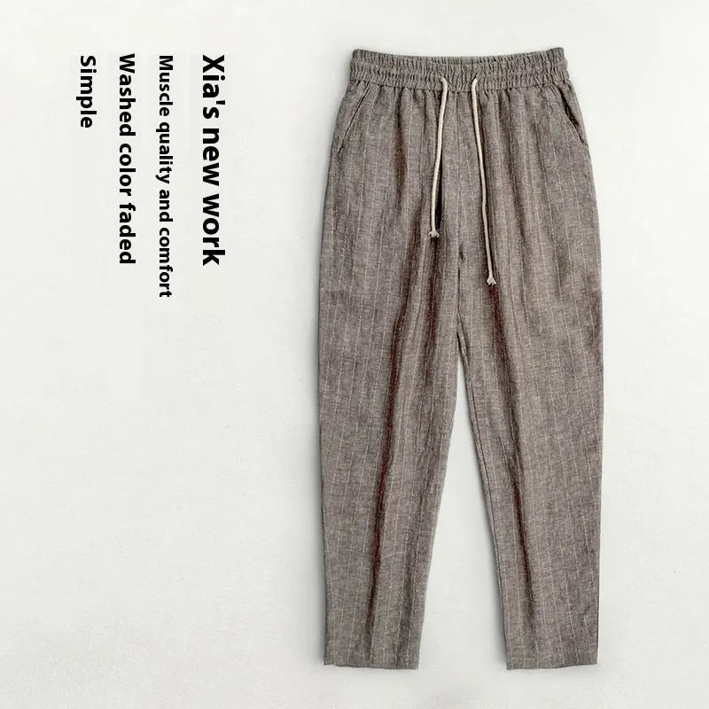 Men's linen summer casual trousers in striped patterns with cropped length and thin cotton linen fabric