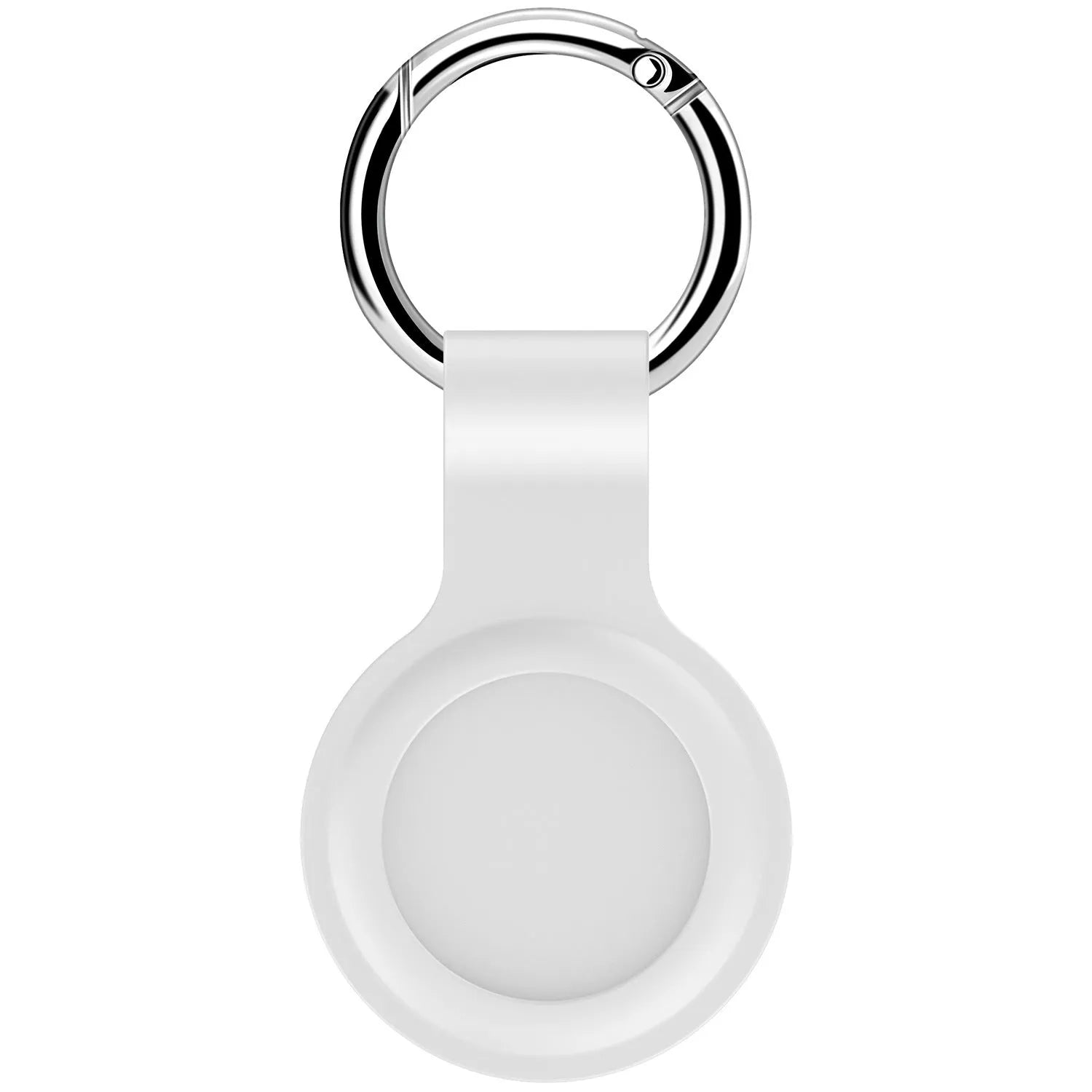 Silicone protective case for Apple AirTag with metal snap button in assorted colours on a keyring.