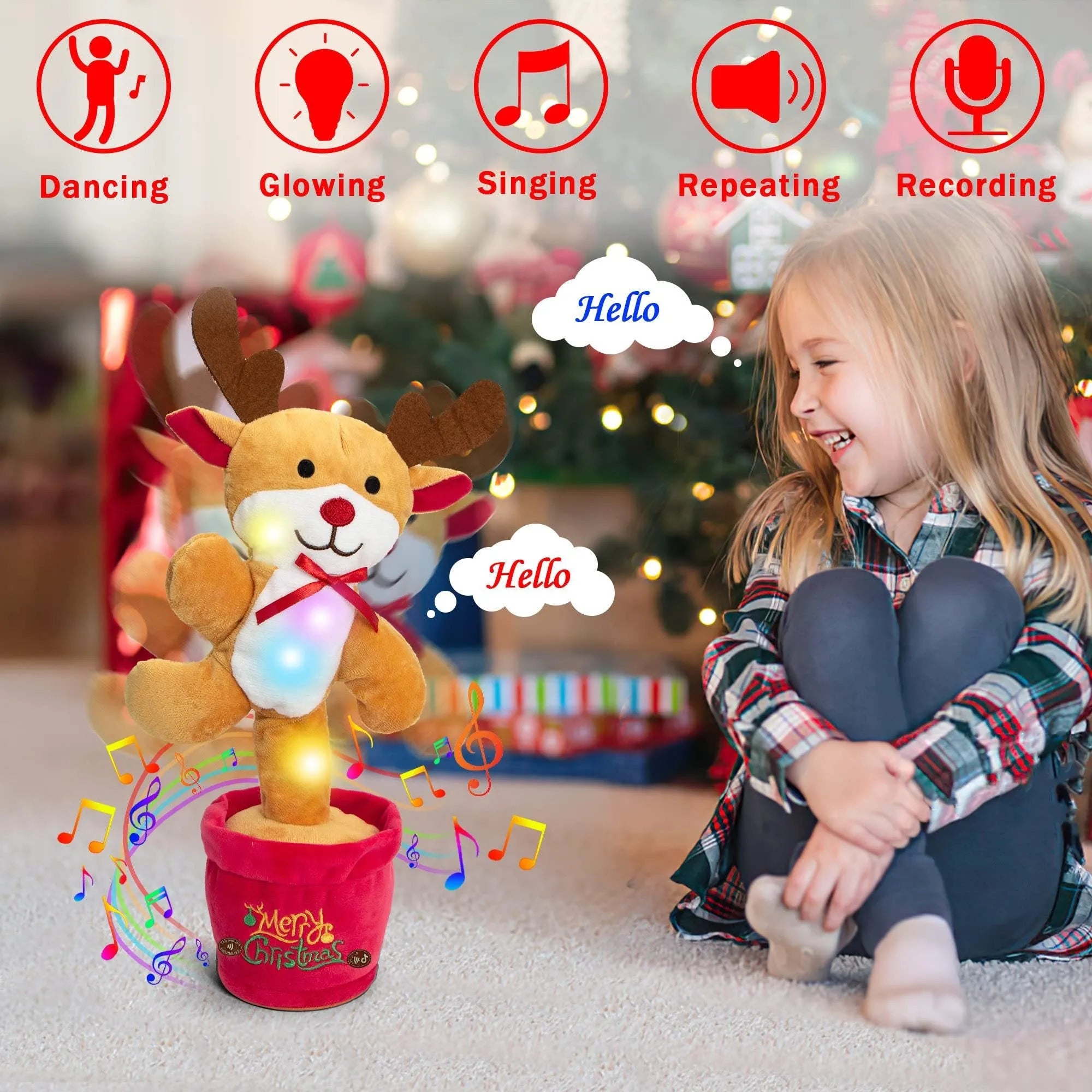 Soft dancing Christmas reindeer plush toy with recording and music functions, 32cm tall
