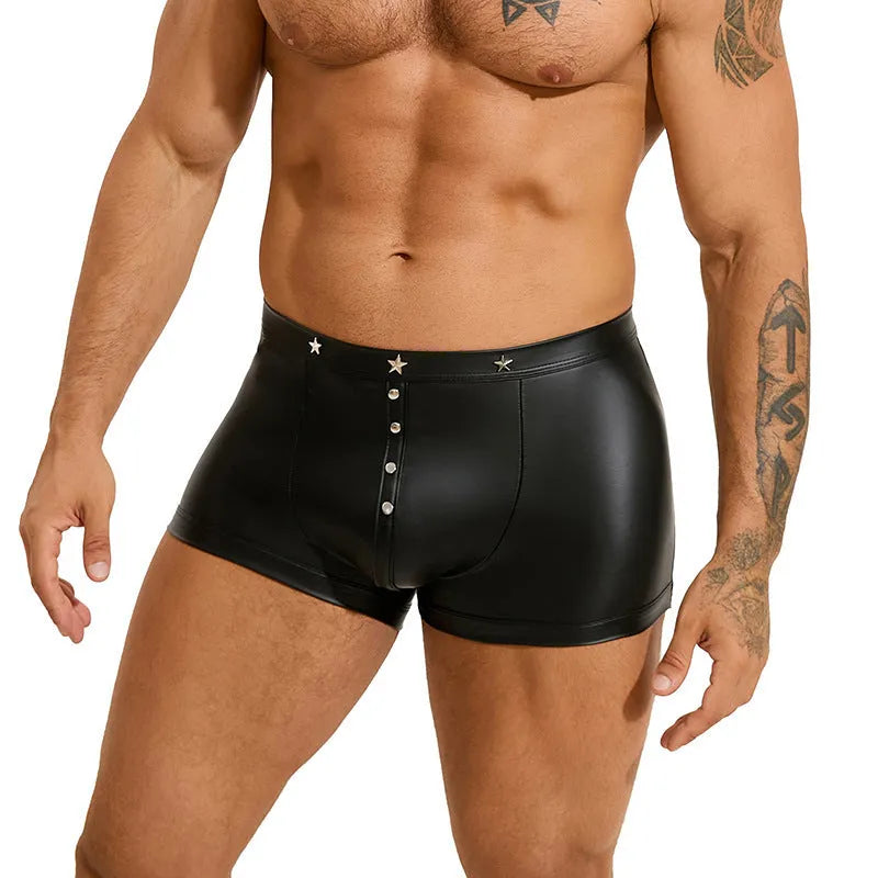 Black men's PU leather shorts with U-pouch design on a size chart showing M to 3XL